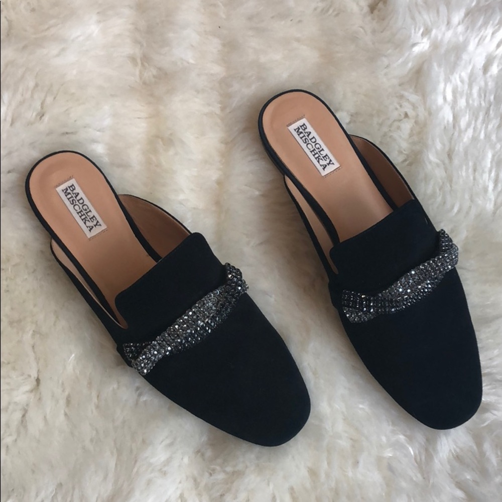 Badgley Mischka Black suede crystal mules size 9